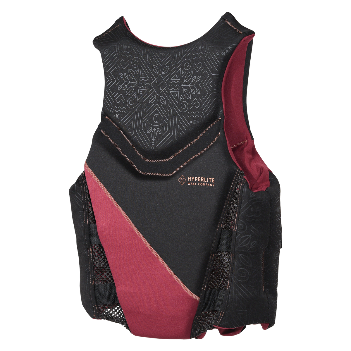 Angled back view of Domain - Women's CGA Vest showing its maroon side lining and mesh side panels.
