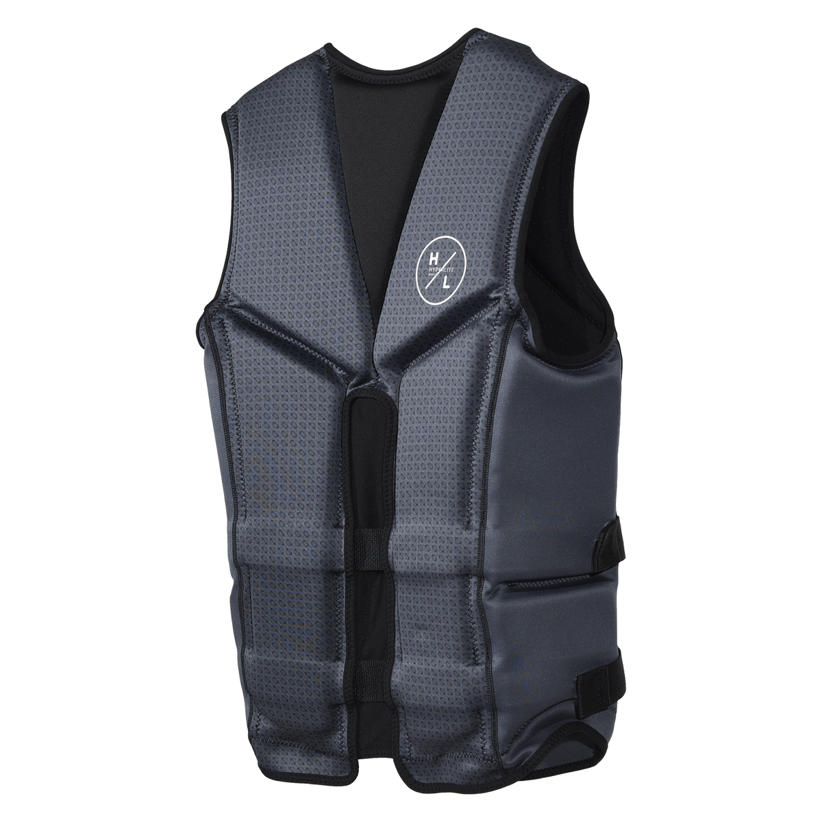 Angled back view of the Caliber life vest in Gray, with a split back and a white Hyperlite logo.