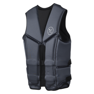 Angled back view of the Caliber life vest in Gray, with a split back and a white Hyperlite logo.