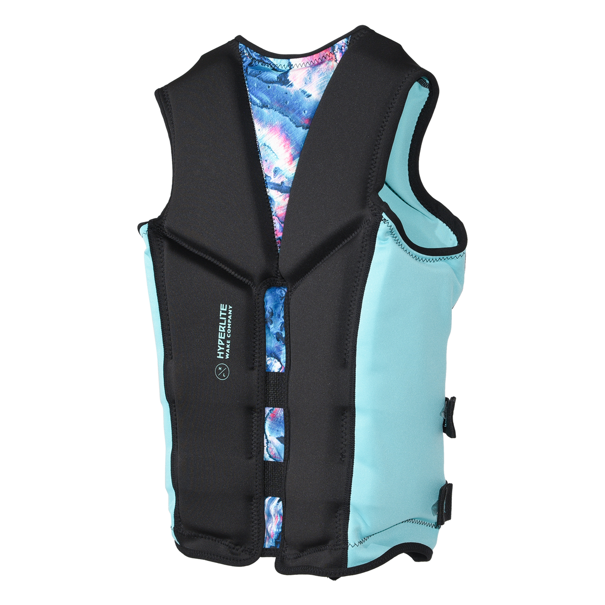 Angled back view of Caliber - Women's CGA Vest showing its aqua side panel and vertical Hyperlite logo.