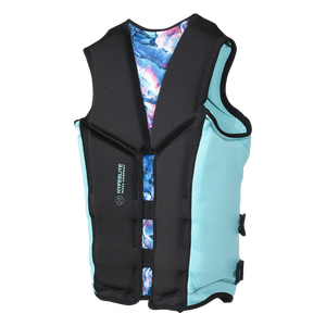 Angled back view of Caliber - Women's CGA Vest showing its aqua side panel and vertical Hyperlite logo.