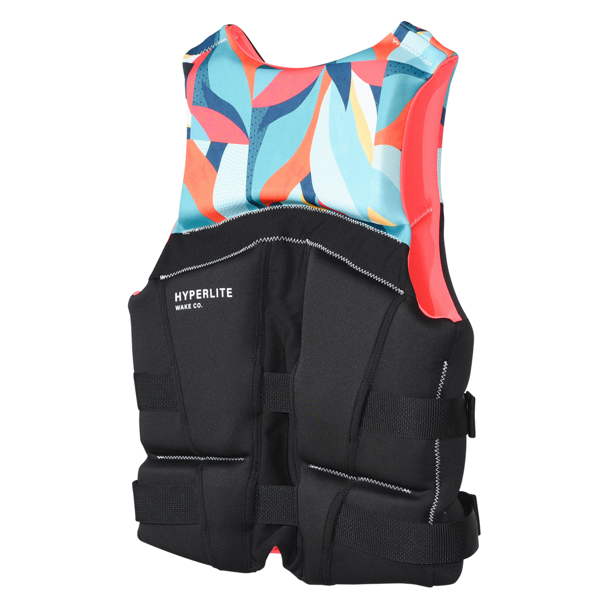 Angled back view of Logic - Women's CGA Vest Flame with coral and aqua upper print and coral side lining.