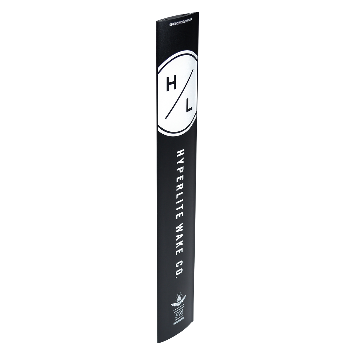 Angled view of the black 80cm Carbon Mast with an oversized white Hyperlite logo and a winged emblem.