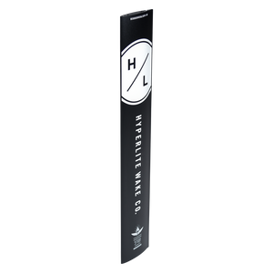 Angled view of the black 80cm Carbon Mast with an oversized white Hyperlite logo and a winged emblem.