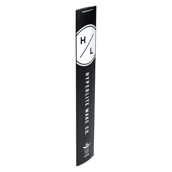 Angled view of the black 80cm Carbon Mast with an oversized white Hyperlite logo and a winged emblem.