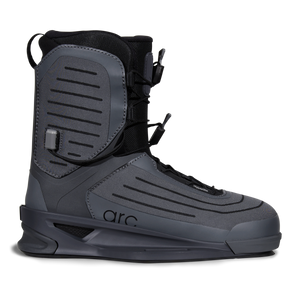 Side view of the ARC Binding featuring dark gray paneling and black lacing.