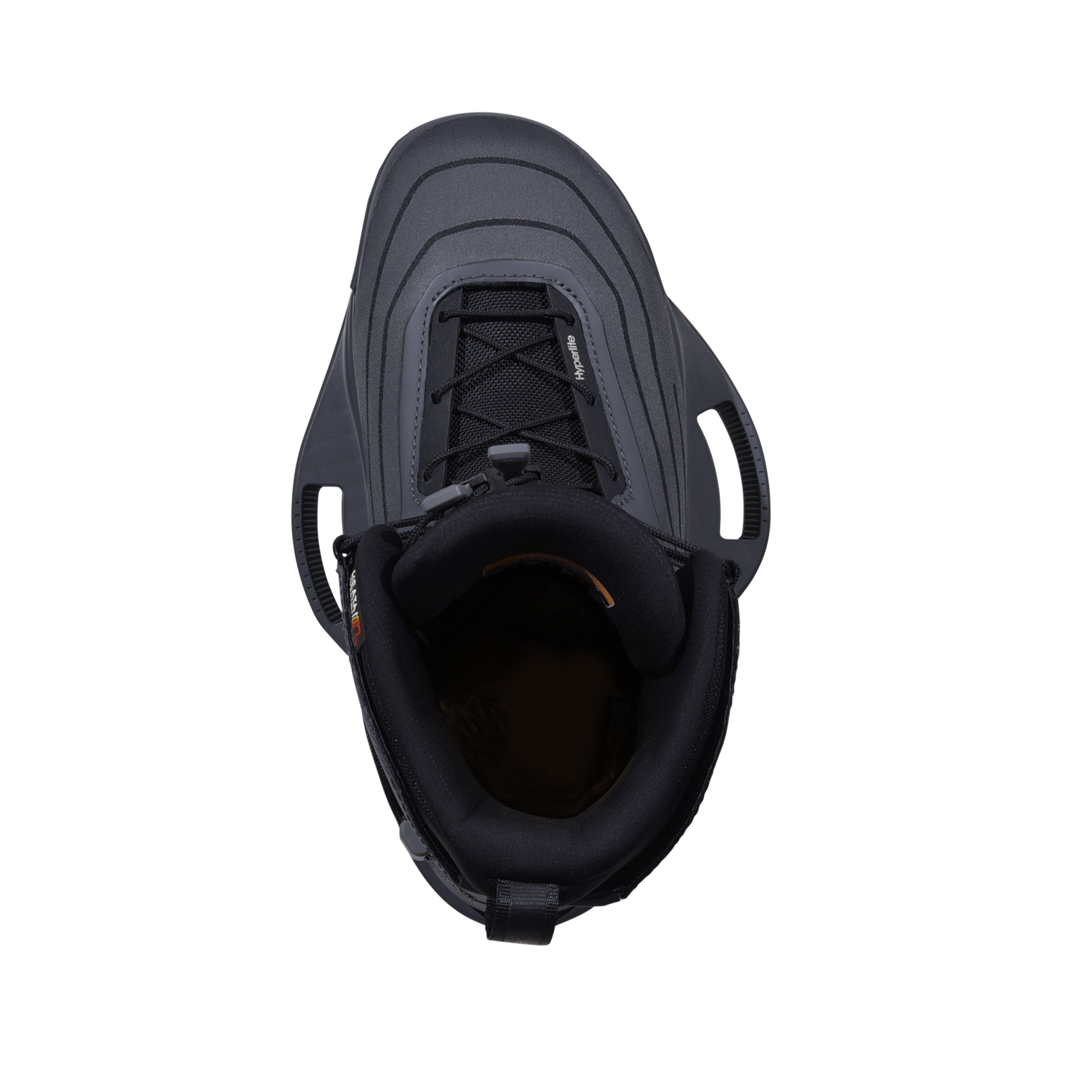 Top view of the ARC Binding showing black laces and dark gray layered toe panel.