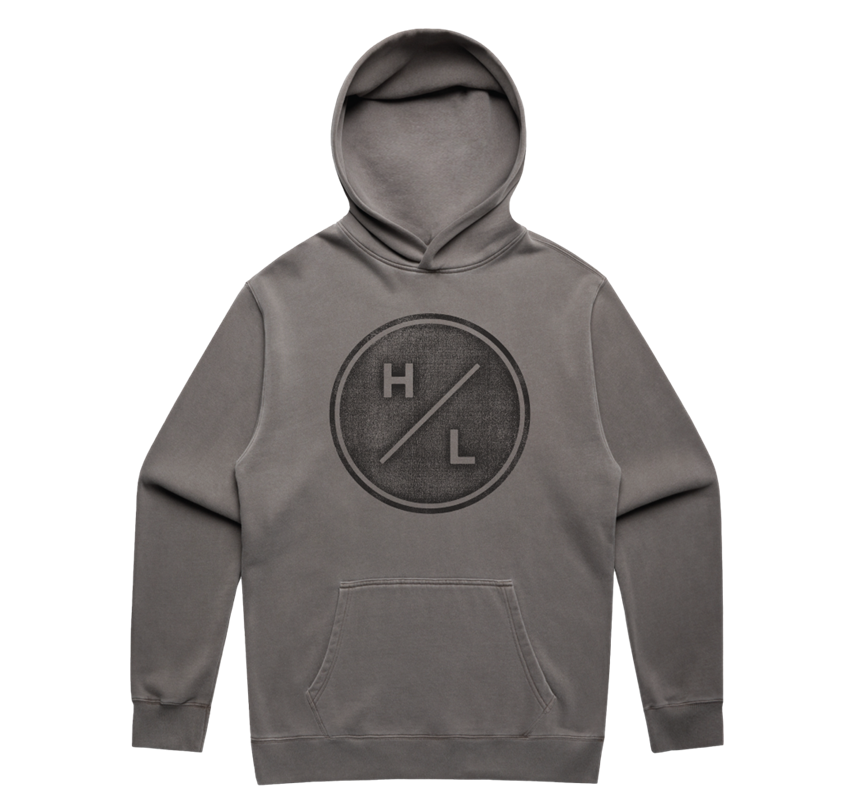 Baja Hoodie in relaxed fit, gray with a front circular H/L logo.
