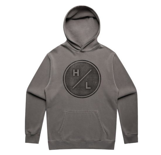 Baja Hoodie in relaxed fit, gray with a front circular H/L logo.