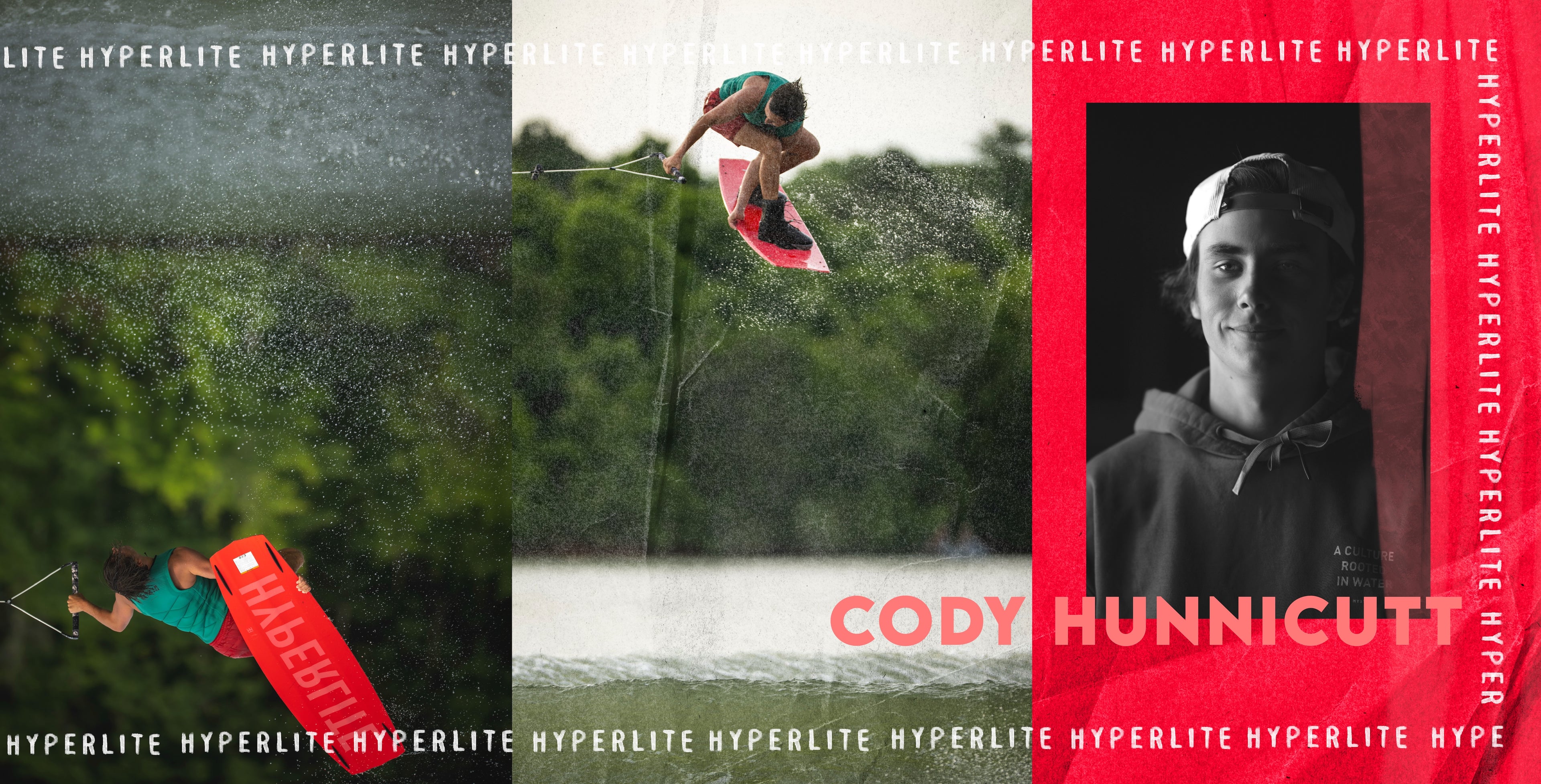 Person wakeboarding and portrait in a sports-themed collage with Hyperlite branding.
