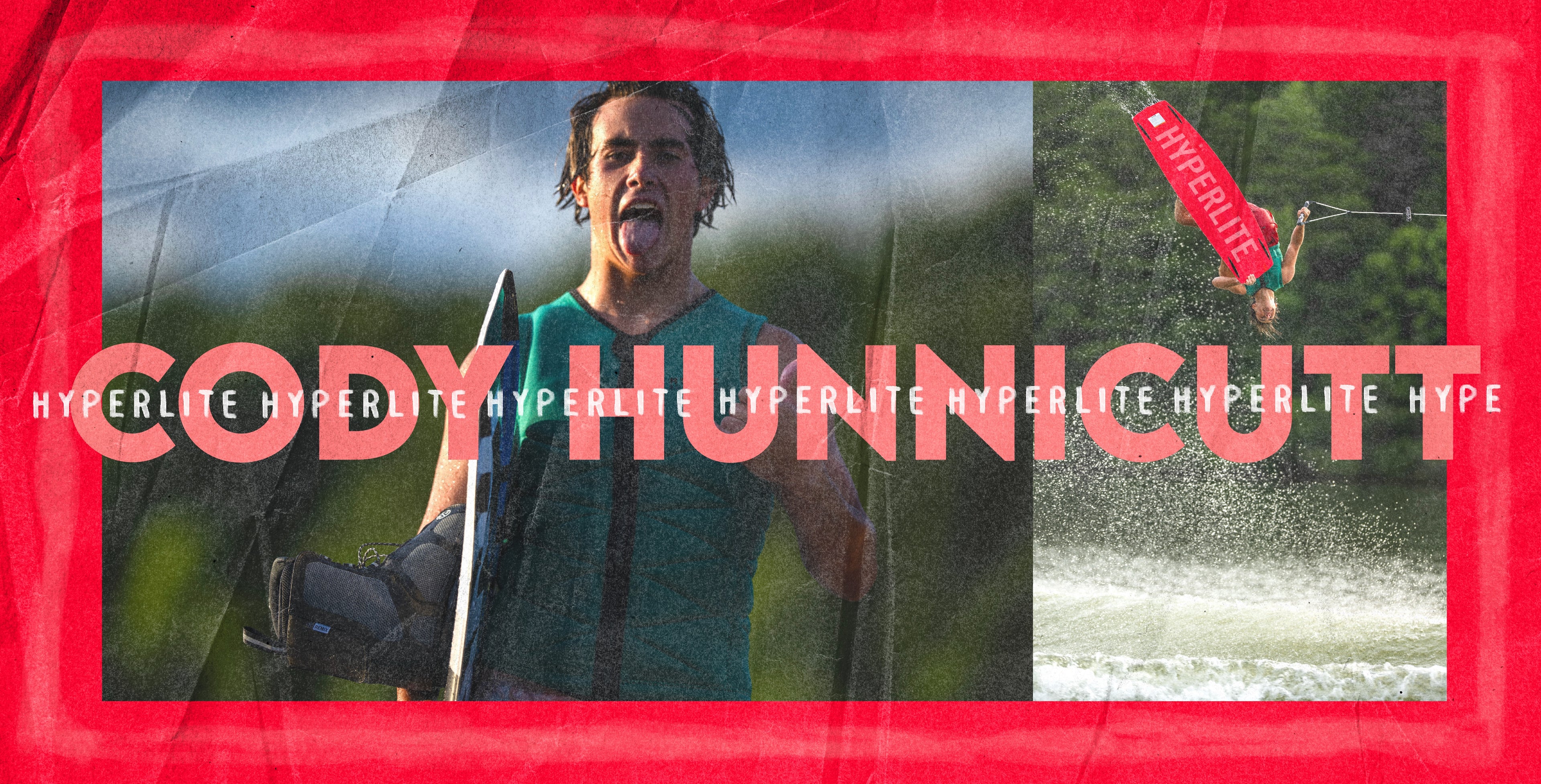 Man with a wakeboard, sticking out tongue, and wakeboarding scene with CODY HUNNICUTT text.