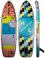 Top, base, and side view of the Elevation inflatable paddleboard with bold, colorful graphics.