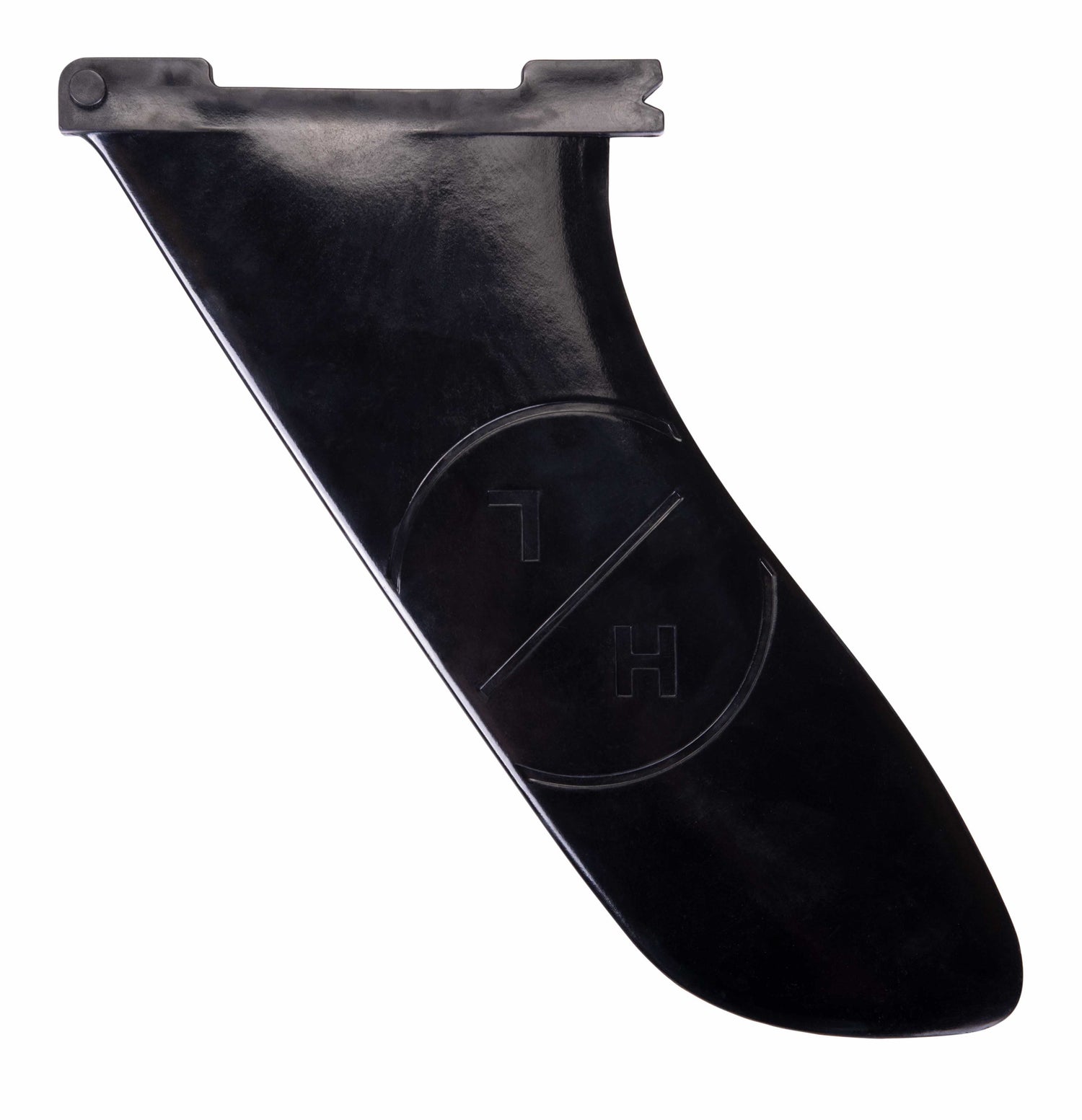 Black toolless fin for the paddleboard with HL logo embossed on the surface.