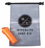 Clear dry storage bag with roll top closure and orange container inside, labeled Hyperlite Surf Div.