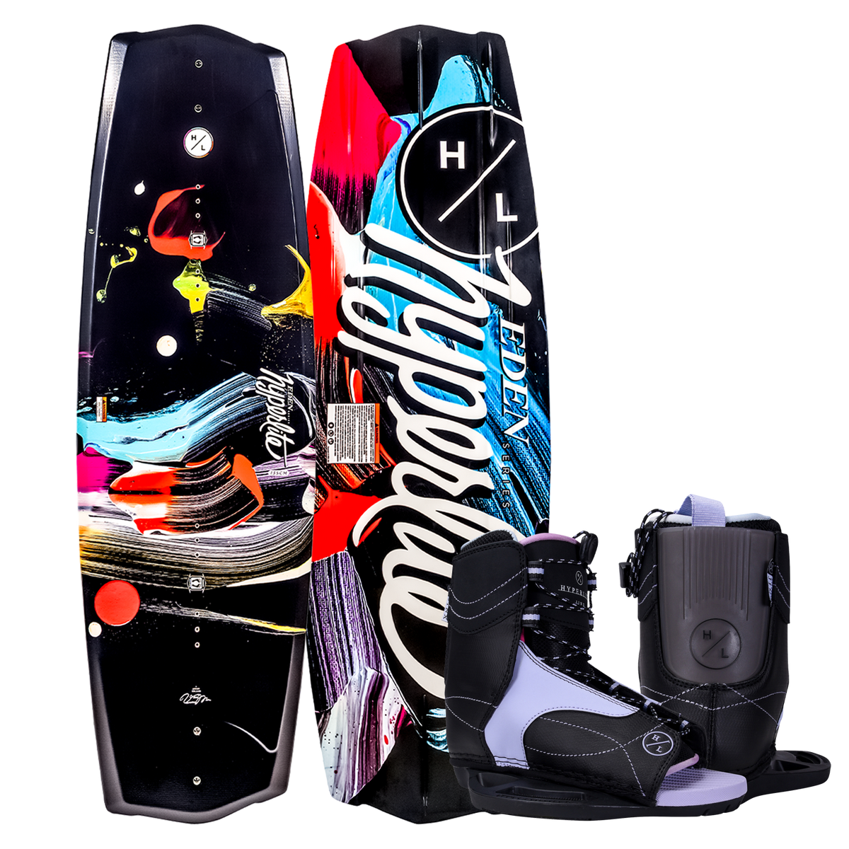 Top and base of Eden Jr. wakeboard with Jinx Girls Bindings in front.