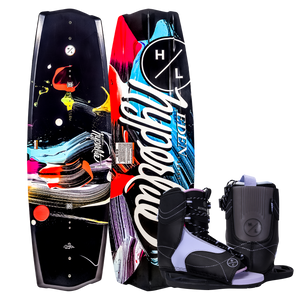Top and base of Eden Jr. wakeboard with Jinx Girls Bindings in front.