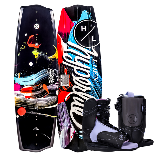 Top and base of Eden Jr. wakeboard with Jinx Girls Bindings in front.