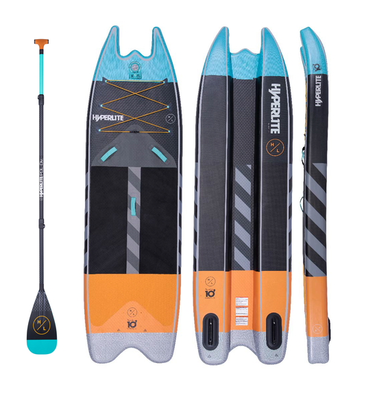 Elevation II iSUP Paddle Board with dual-pontoon, blue and orange accents.