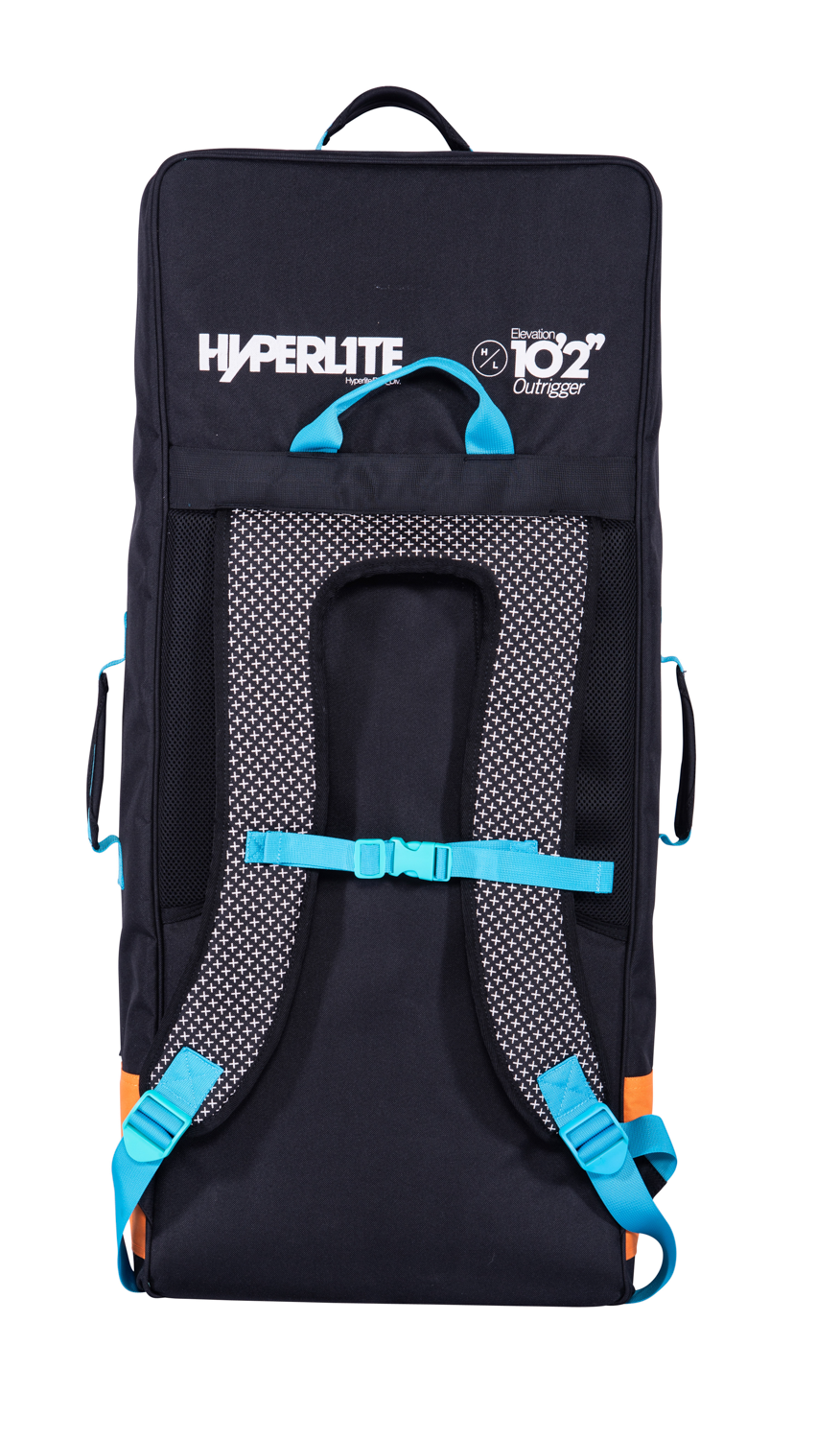 Black backpack with blue straps, orange accents, and Nano-Fuse tech, Elevation II Paddle Board.