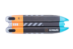 The colorful Elevation II - iSUP board, with Dual-Pontoon, one orange/black, the other blue/black.