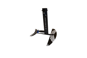 Side view of the Stratos hydrofoil kit with black and white wings and a blue propeller.