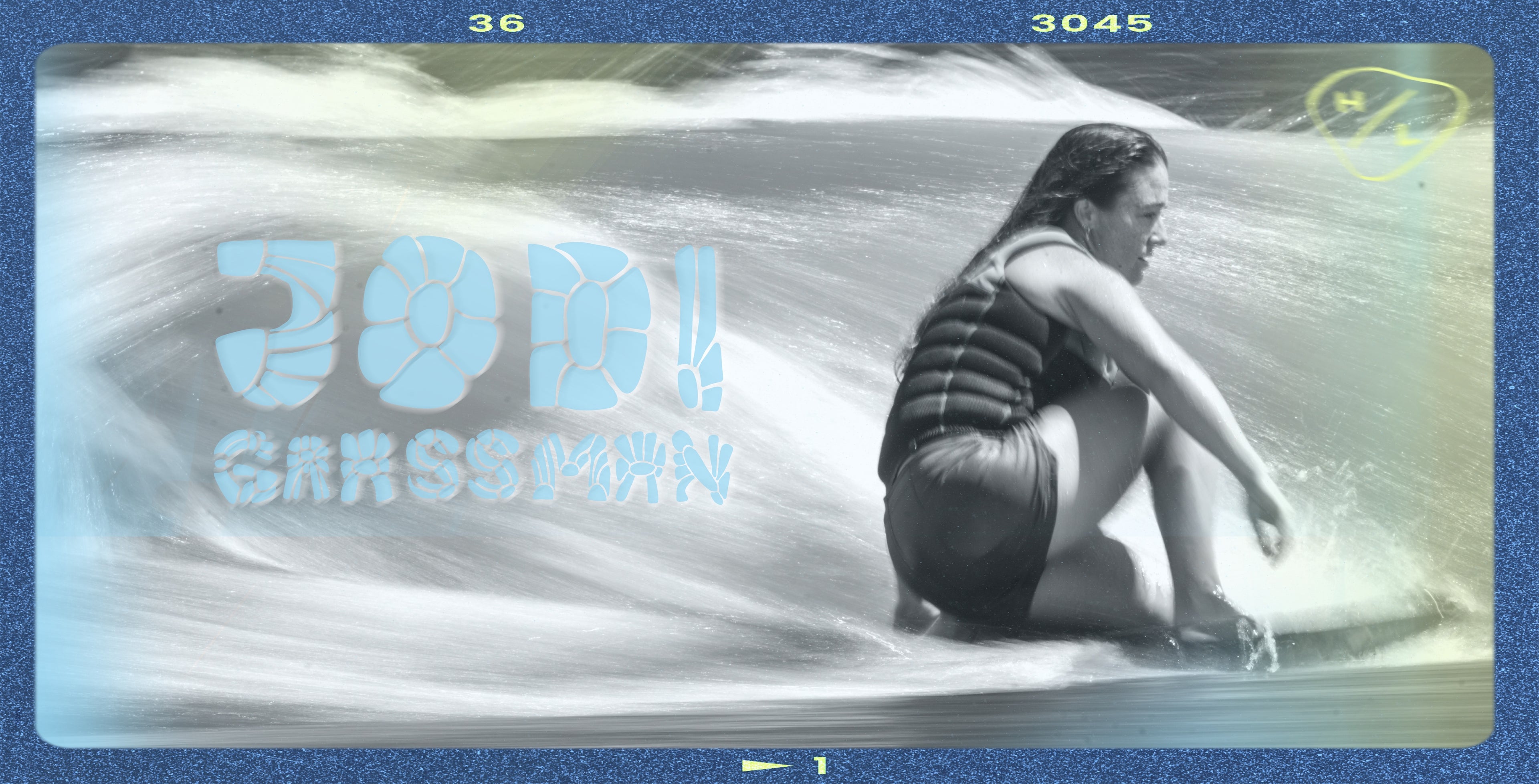 Person surfing a wave with the text Jodi Grossman overlayed in a colorful design.