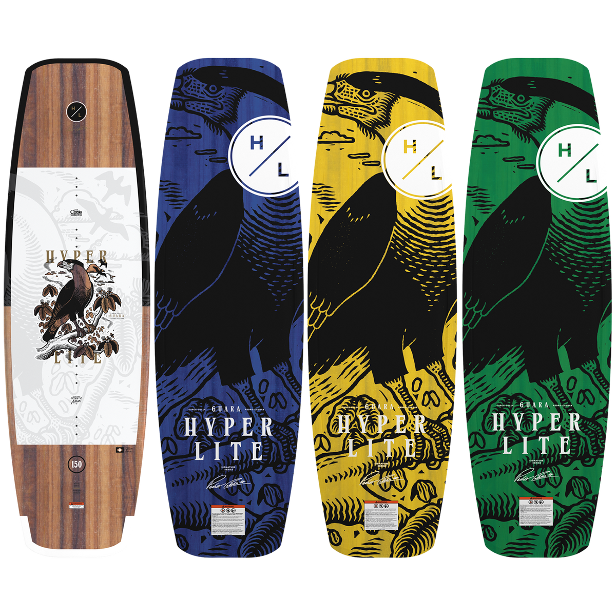Group view of Guara wakeboards in 147, 150, and 153 sizes with bird artwork in four colors.