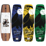 Group view of Guara wakeboards in 147, 150, and 153 sizes with bird artwork in four colors.