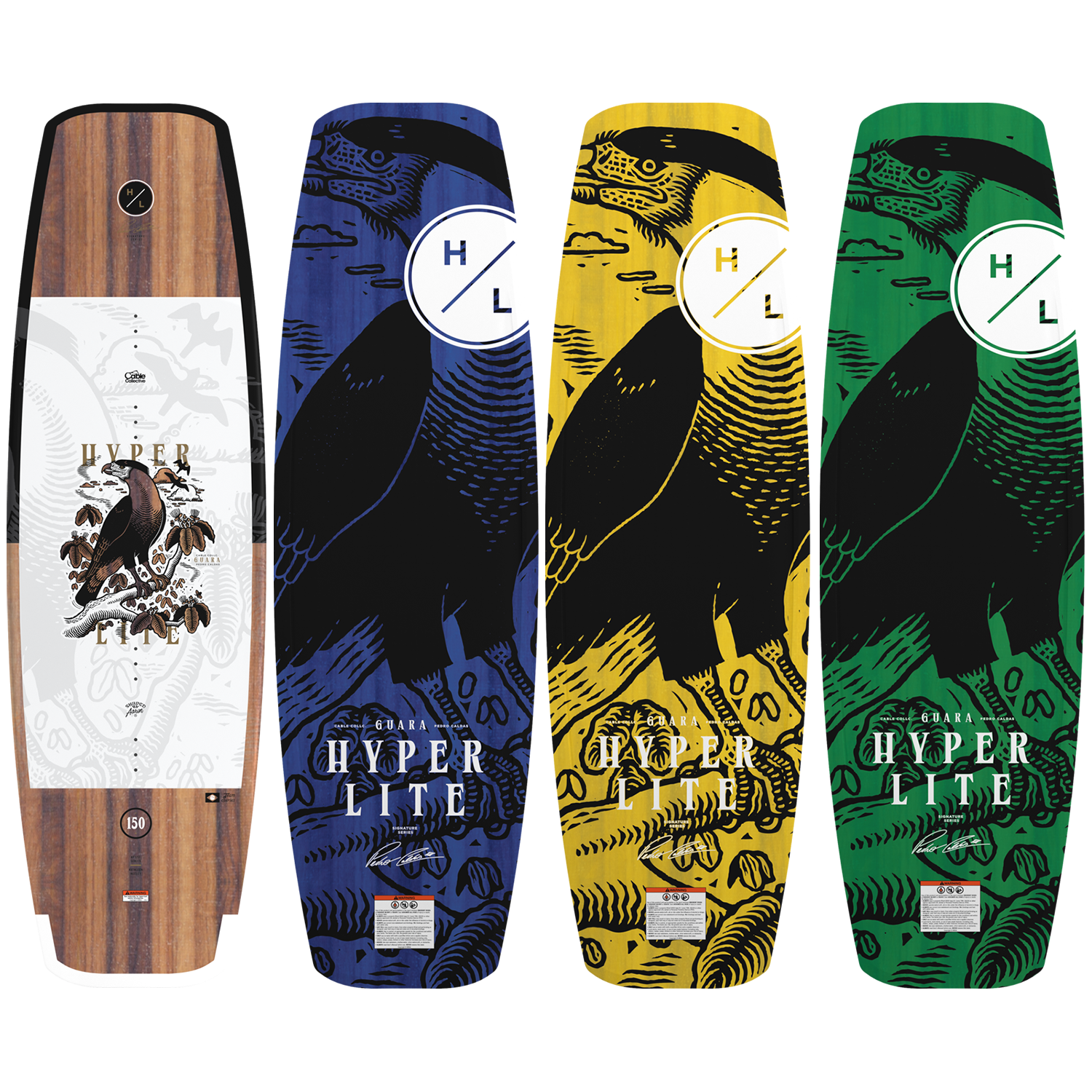 Group view of Guara wakeboards in 147, 150, and 153 sizes with bird artwork in four colors.