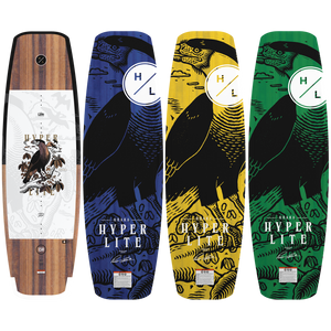 Group view of Guara wakeboards in 147, 150, and 153 sizes with bird artwork in four colors.