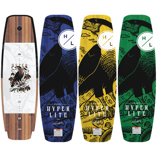 Group view of Guara wakeboards in 147, 150, and 153 sizes with bird artwork in four colors.