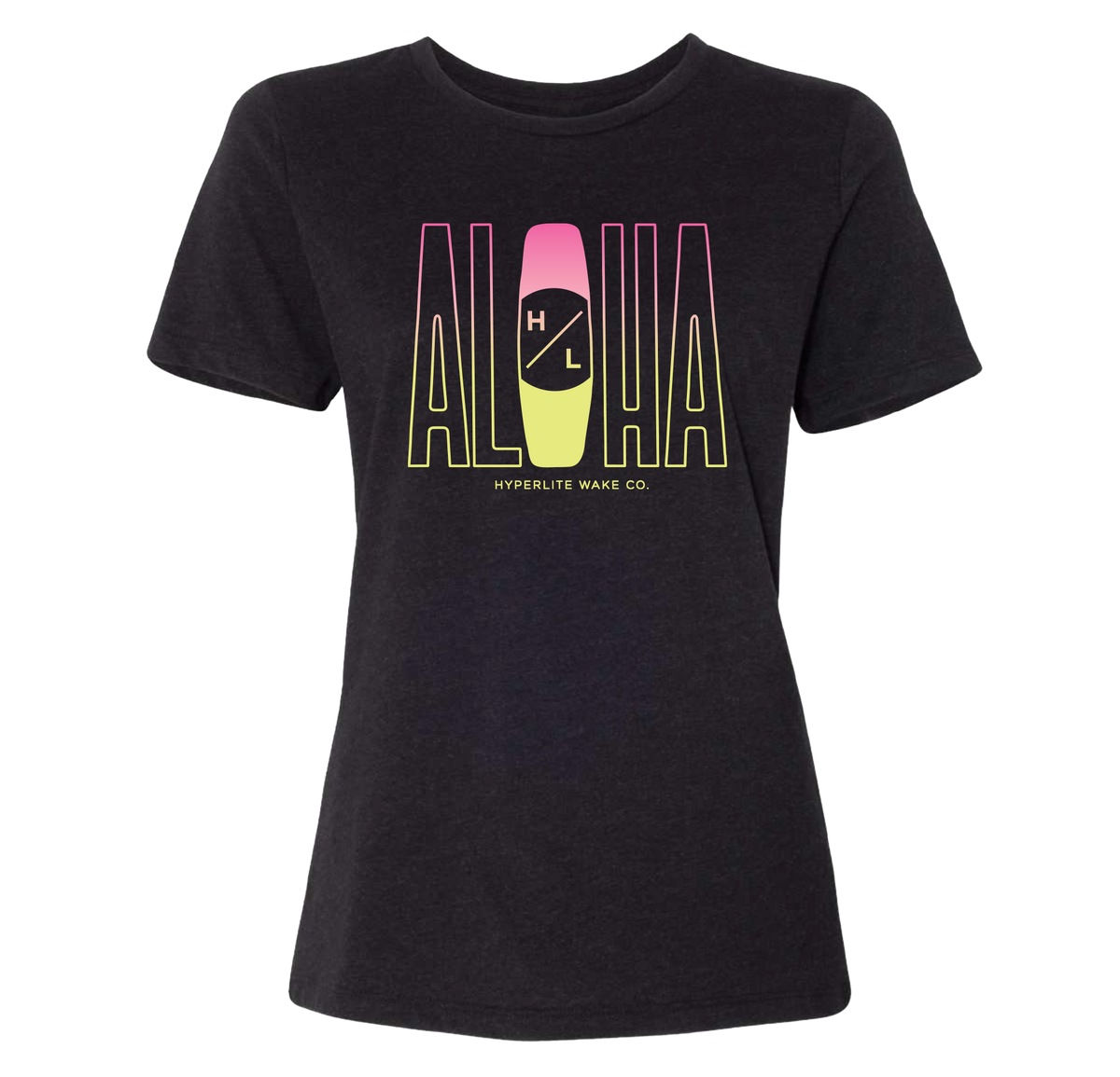 Aloha Womens Tee Black: ALOHA logo in pink, yellow, white. Airlume cotton vibe.