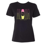 Aloha Womens Tee Black: ALOHA logo in pink, yellow, white. Airlume cotton vibe.