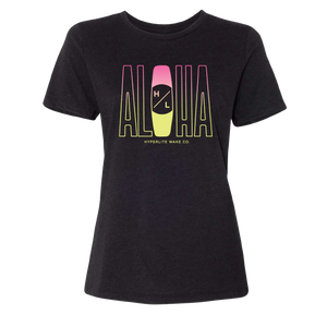 Aloha Womens Tee Black: ALOHA logo in pink, yellow, white. Airlume cotton vibe.