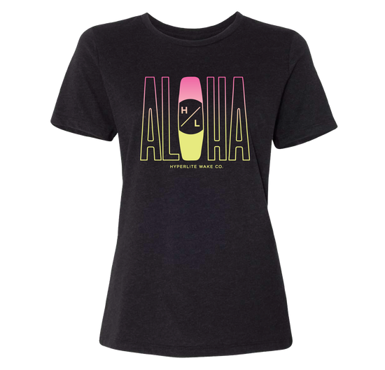 Aloha Womens Tee Black: ALOHA logo in pink, yellow, white. Airlume cotton vibe.