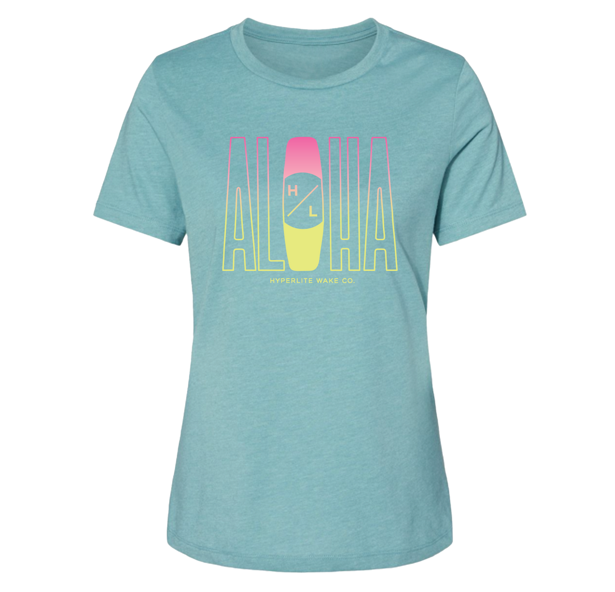Aloha Womens Tee Lagoon with surfboard design, made from Airlume cotton.