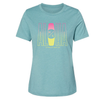 Aloha Womens Tee Lagoon with surfboard design, made from Airlume cotton.