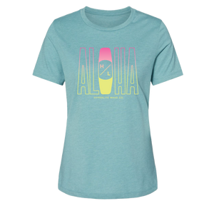 Aloha Womens Tee Lagoon with surfboard design, made from Airlume cotton.