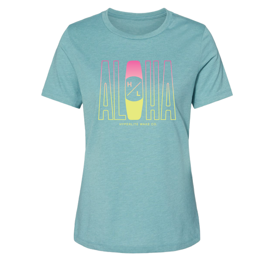 Aloha Womens Tee Lagoon with surfboard design, made from Airlume cotton.