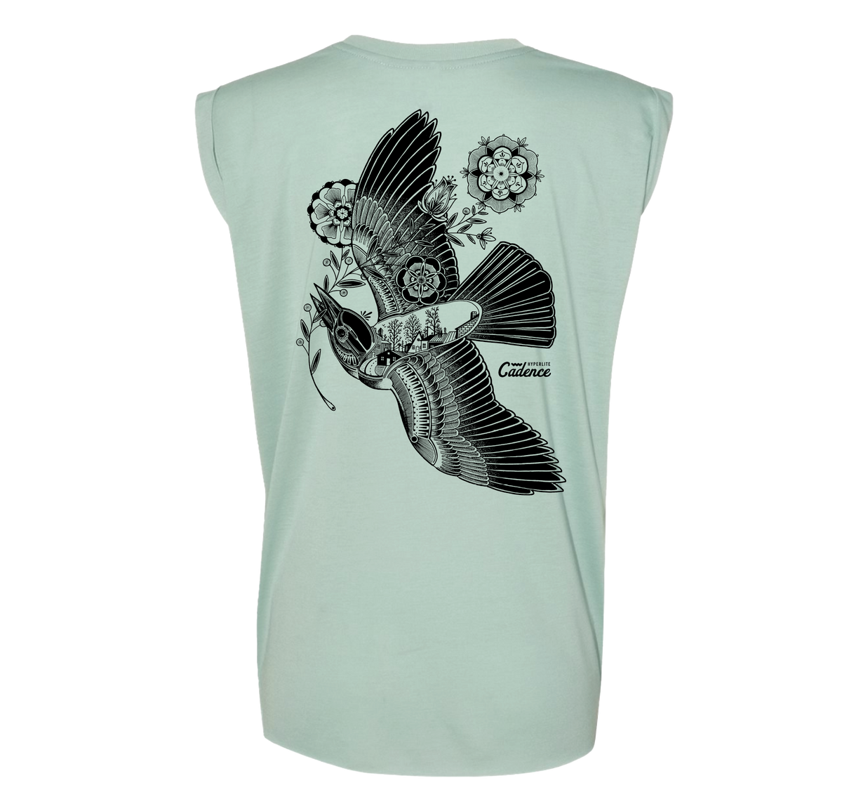 Cadence Womens Tee: Sleeveless, light green, relaxed fit with bird & floral design.