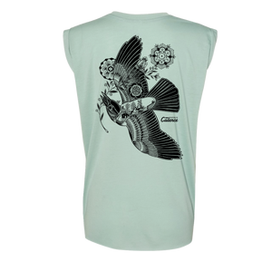 Cadence Womens Tee: Sleeveless, light green, relaxed fit with bird & floral design.