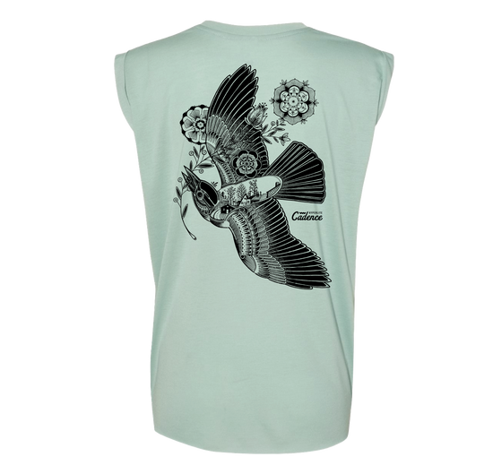 Cadence Womens Tee: Sleeveless, light green, relaxed fit with bird & floral design.