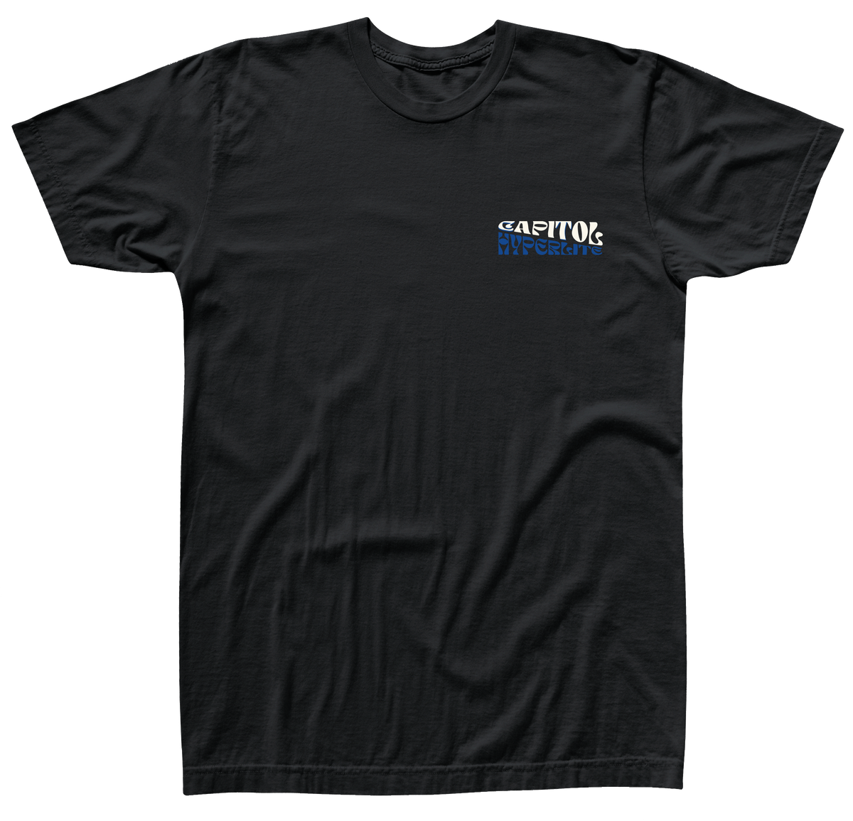 Vintage black Capitol Tee, CAPITOL HYPOCRITE logo, sustainably crafted.