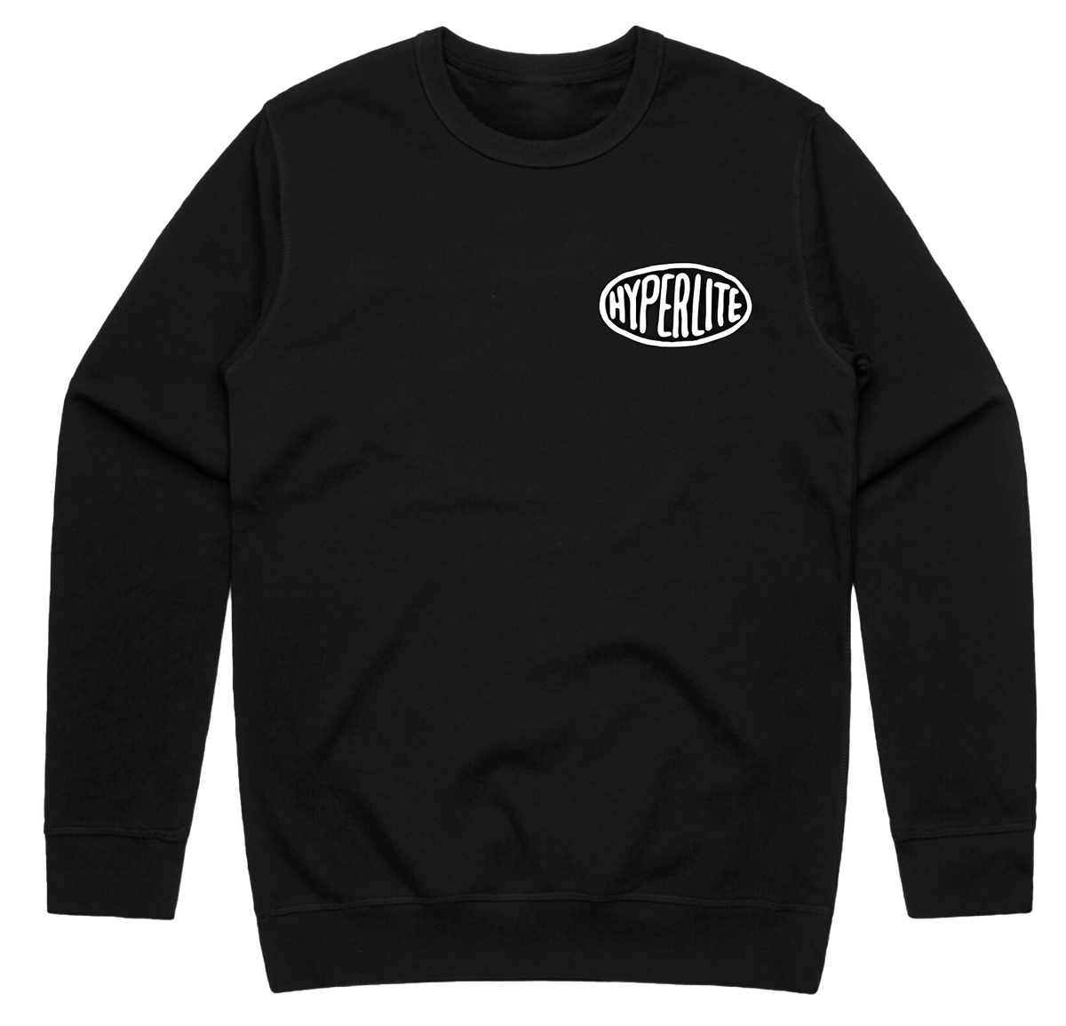 Everyday Crew, relaxed black sweatshirt, Hyperlite logo on chest.