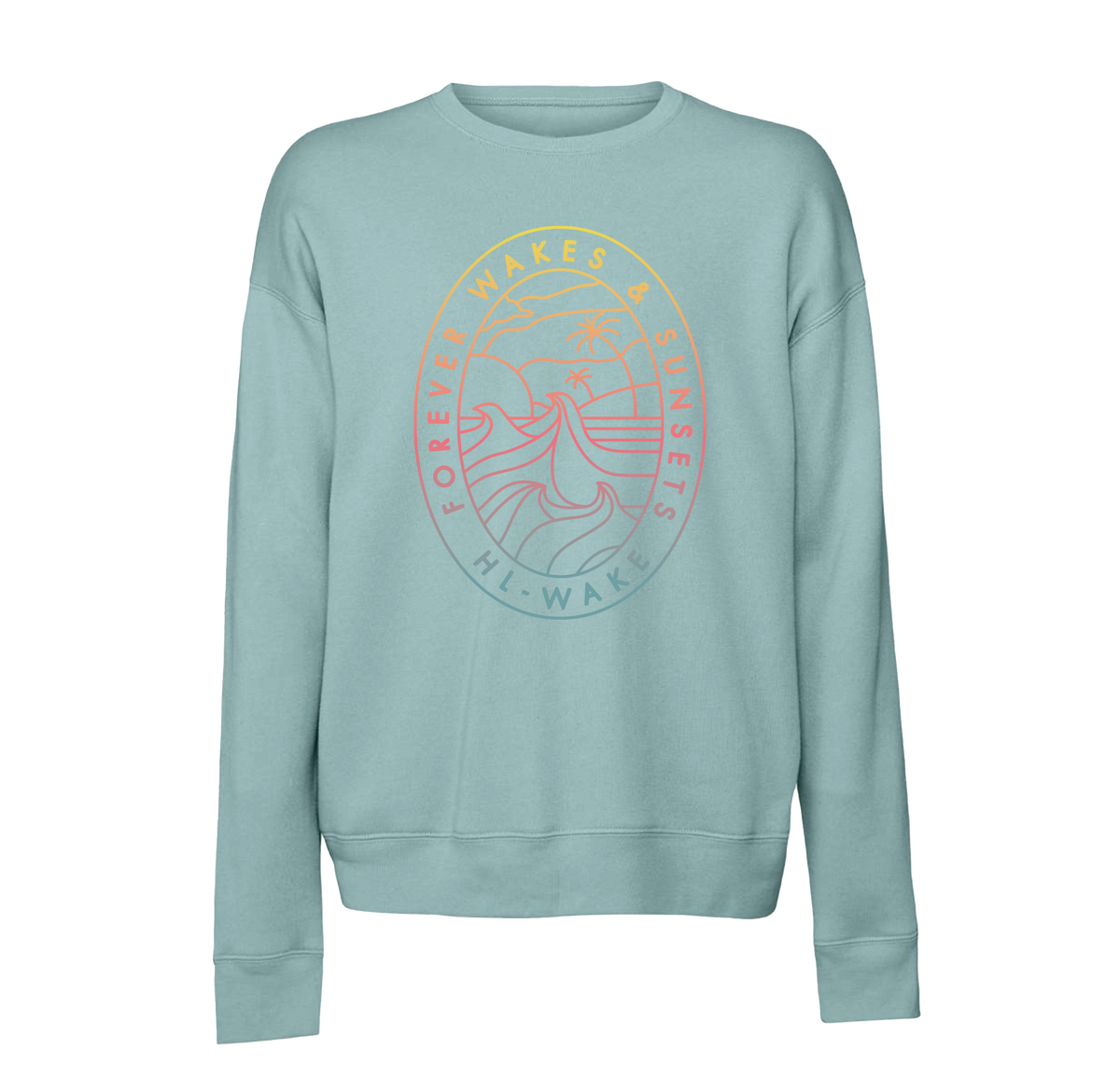 Forever Crew Blue: Teal sweatshirt, raglan sleeves, sunset & wave design, Forever Wakes & Sunsets.