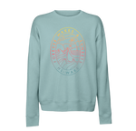 Forever Crew Blue: Teal sweatshirt, raglan sleeves, sunset & wave design, Forever Wakes & Sunsets.