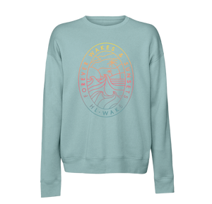 Forever Crew Blue: Teal sweatshirt, raglan sleeves, sunset & wave design, Forever Wakes & Sunsets.
