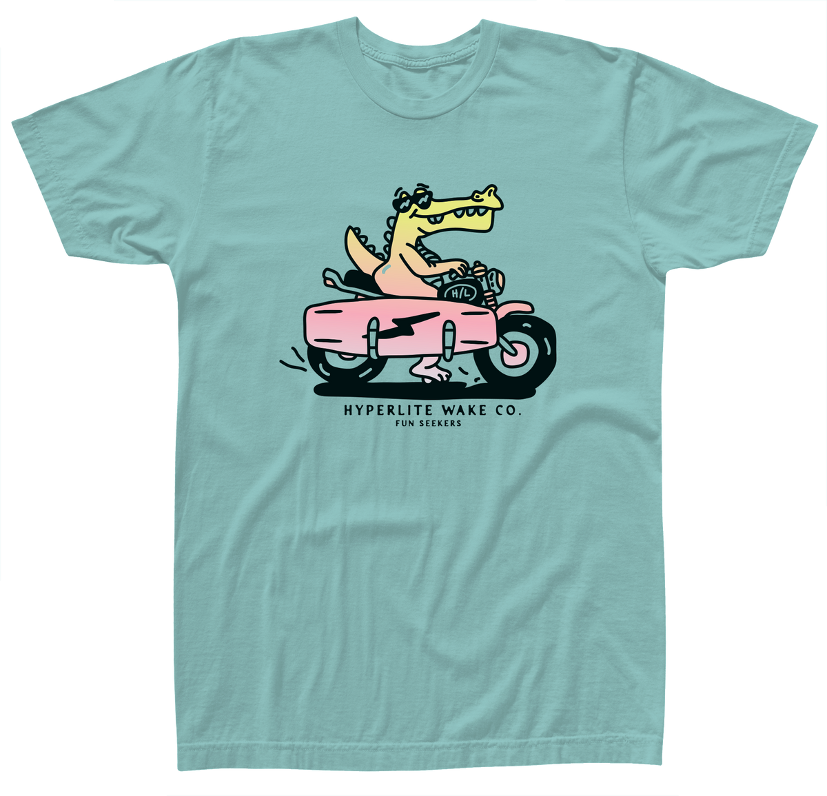 Fun Seeker Youth Tee: Tri-blend with cartoon crocodile on a pink motorcycle, Hyperlite Wake Co.