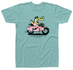 Fun Seeker Youth Tee: Tri-blend with cartoon crocodile on a pink motorcycle, Hyperlite Wake Co.