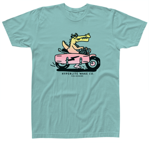 Fun Seeker Youth Tee: Tri-blend with cartoon crocodile on a pink motorcycle, Hyperlite Wake Co.